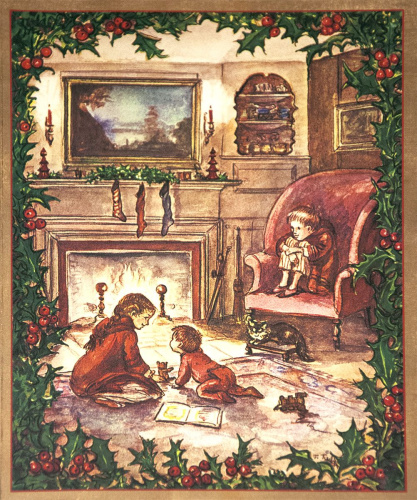 New! Caspari Rare Single Card: Fireplace with Holly Border